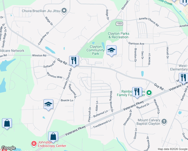 map of restaurants, bars, coffee shops, grocery stores, and more near 541 Guy Road in Clayton