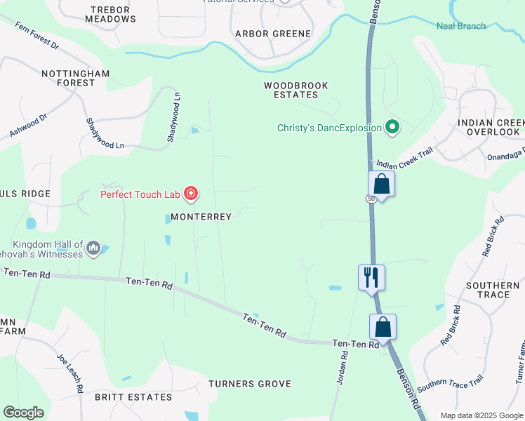 map of restaurants, bars, coffee shops, grocery stores, and more near 9525 Neils Branch Road in Raleigh