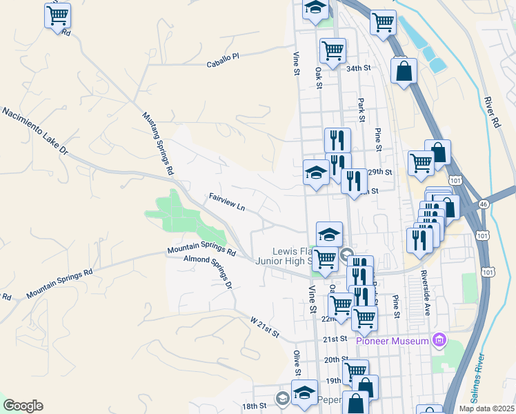 map of restaurants, bars, coffee shops, grocery stores, and more near 255 Fairview Lane in Paso Robles