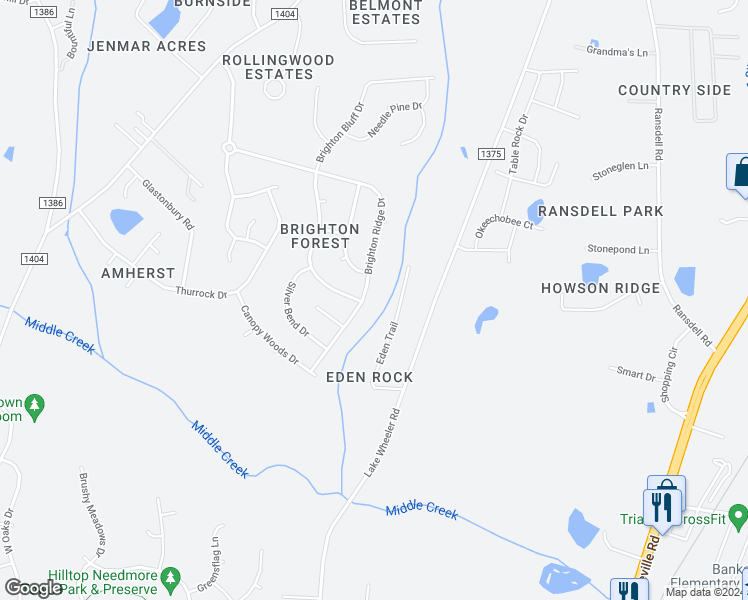 map of restaurants, bars, coffee shops, grocery stores, and more near 4617 Brighton Ridge Drive in Apex