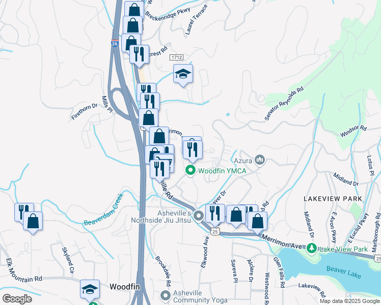 map of restaurants, bars, coffee shops, grocery stores, and more near 61 North Merrimon Avenue in Woodfin