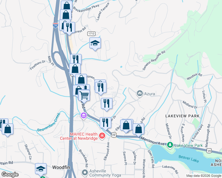 map of restaurants, bars, coffee shops, grocery stores, and more near 41 Cobblers Way in Asheville