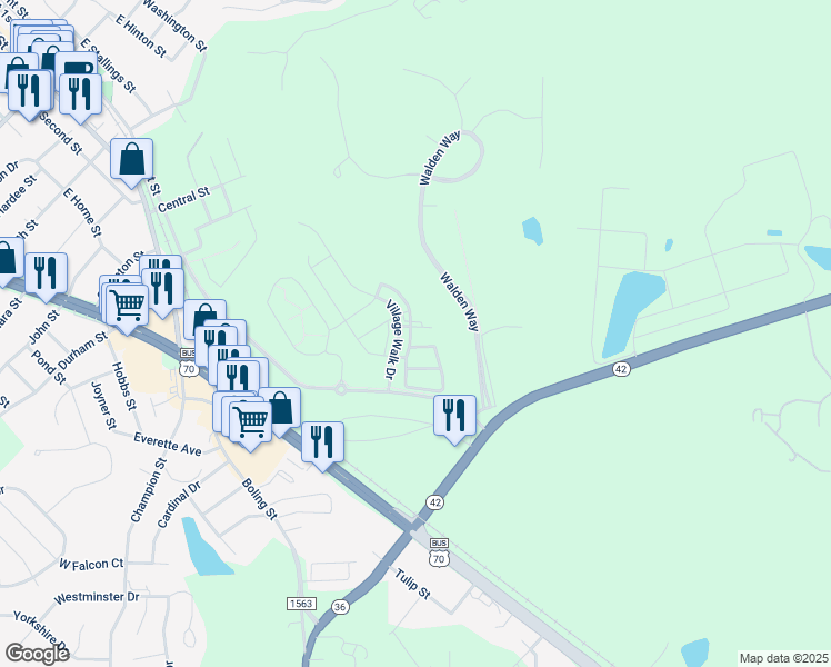 map of restaurants, bars, coffee shops, grocery stores, and more near 42 Bladen Place in Clayton