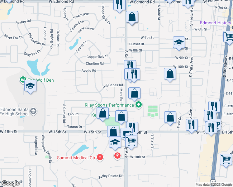 map of restaurants, bars, coffee shops, grocery stores, and more near 1009 Mars Road in Edmond