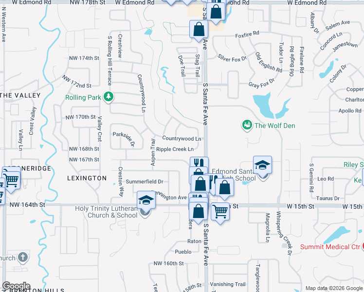 map of restaurants, bars, coffee shops, grocery stores, and more near 2502 Countrywood Lane in Edmond