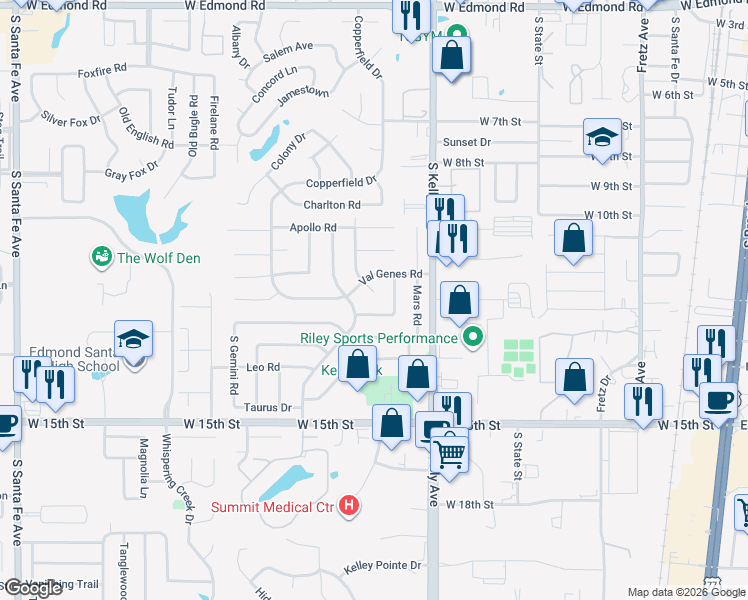 map of restaurants, bars, coffee shops, grocery stores, and more near 1004 Mercury Circle in Edmond