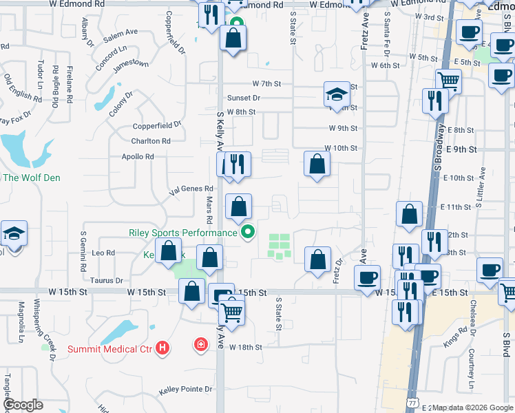 map of restaurants, bars, coffee shops, grocery stores, and more near 1010 South Kelly Avenue in Edmond