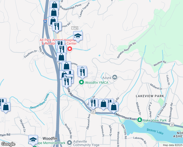 map of restaurants, bars, coffee shops, grocery stores, and more near 41 240 Cobblers Way in Asheville
