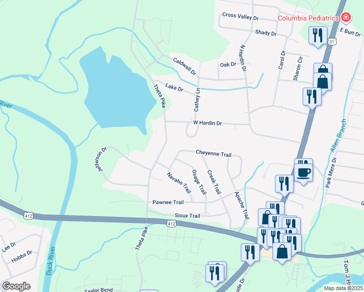 map of restaurants, bars, coffee shops, grocery stores, and more near 107 Daleview Circle in Columbia