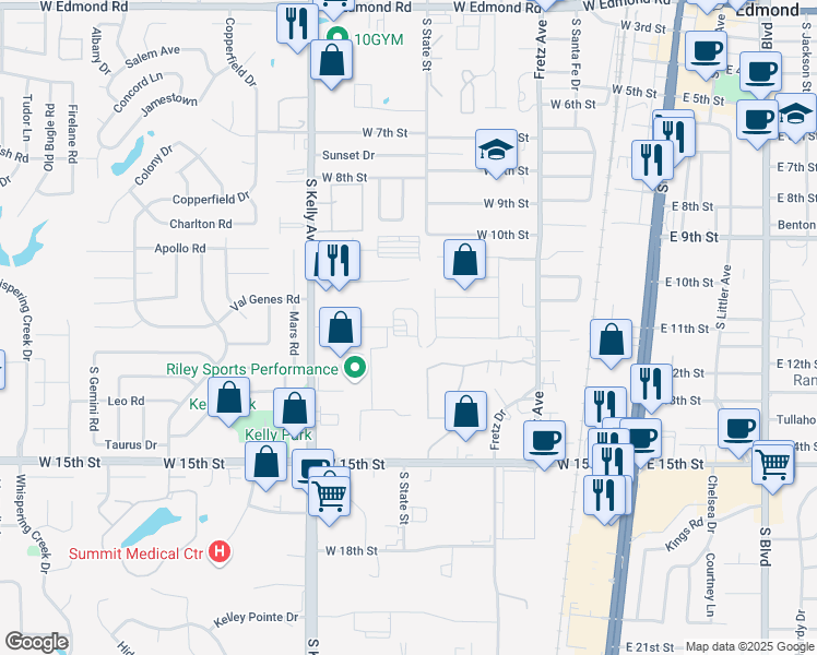 map of restaurants, bars, coffee shops, grocery stores, and more near 1010 South Kelly Avenue in Edmond