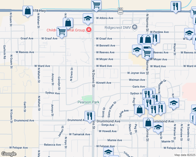 map of restaurants, bars, coffee shops, grocery stores, and more near 801 West Ward Avenue in Ridgecrest
