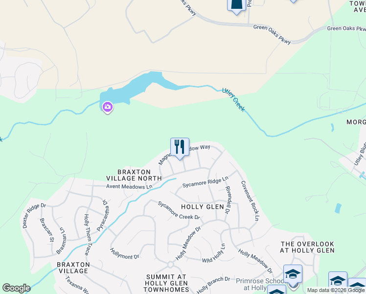 map of restaurants, bars, coffee shops, grocery stores, and more near 212 Magnolia Meadow Way in Holly Springs