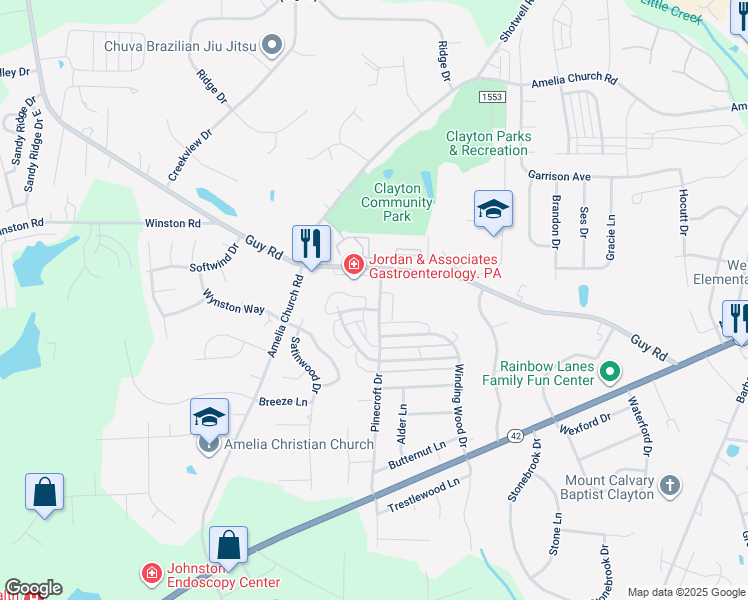 map of restaurants, bars, coffee shops, grocery stores, and more near 698 Pinecroft Drive in Clayton