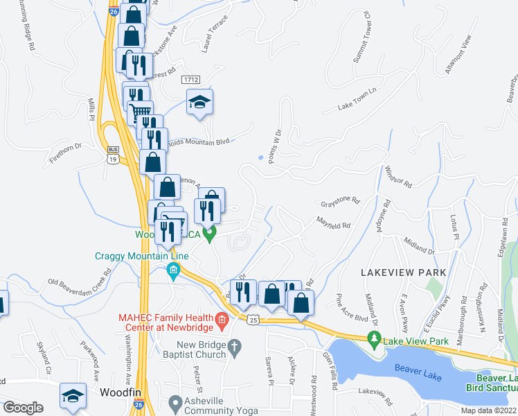 map of restaurants, bars, coffee shops, grocery stores, and more near 402 Ava Lane in Woodfin