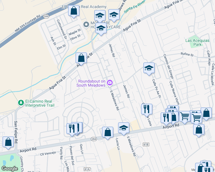 map of restaurants, bars, coffee shops, grocery stores, and more near 5858 Colour De Lila Street in Santa Fe