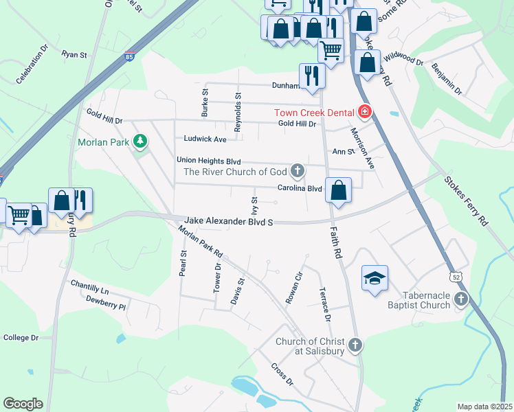 map of restaurants, bars, coffee shops, grocery stores, and more near 221 Billie Hope Drive in Salisbury