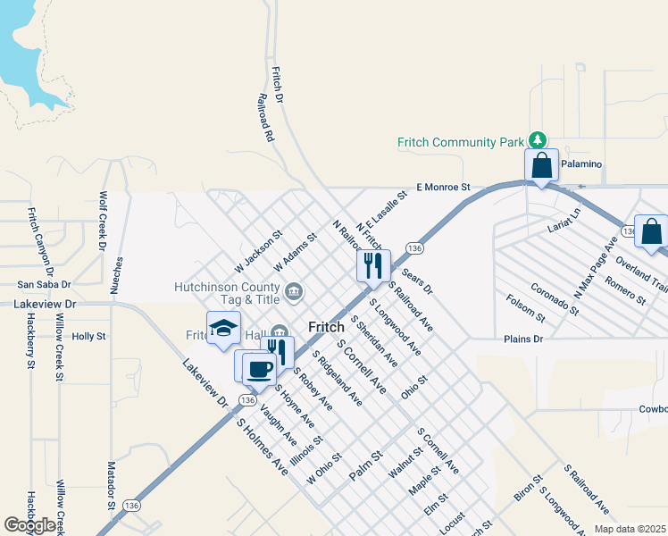 map of restaurants, bars, coffee shops, grocery stores, and more near West La Salle Street in Fritch