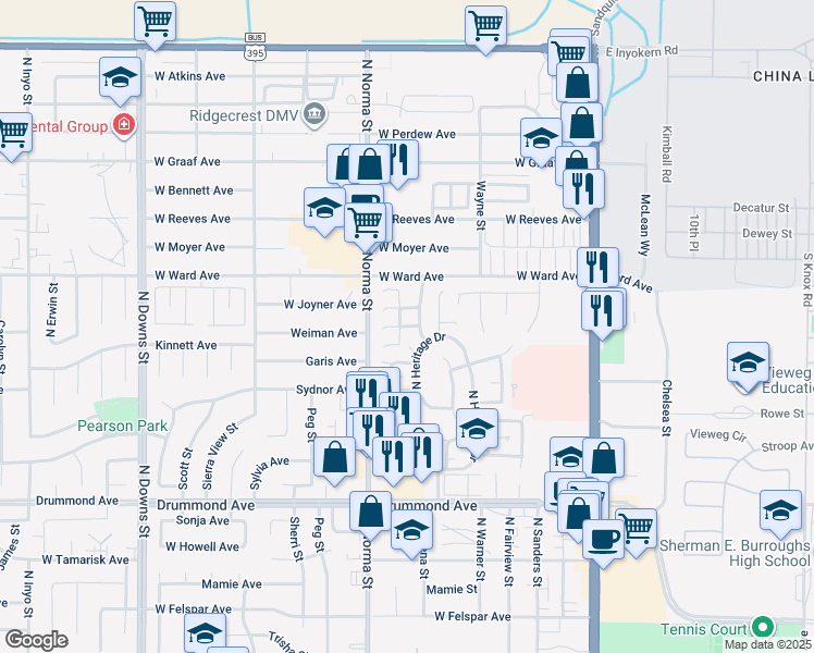 map of restaurants, bars, coffee shops, grocery stores, and more near 401 Mount Rainier Place in Ridgecrest