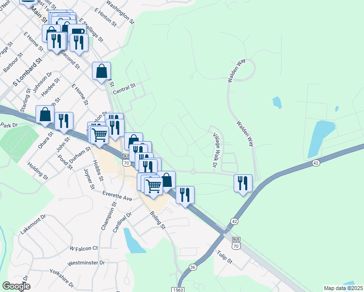 map of restaurants, bars, coffee shops, grocery stores, and more near 175 Bent Branch Loop in Clayton