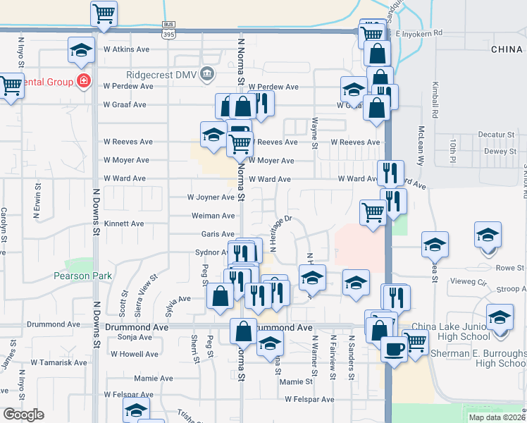 map of restaurants, bars, coffee shops, grocery stores, and more near 430 Mount Rainier Place in Ridgecrest