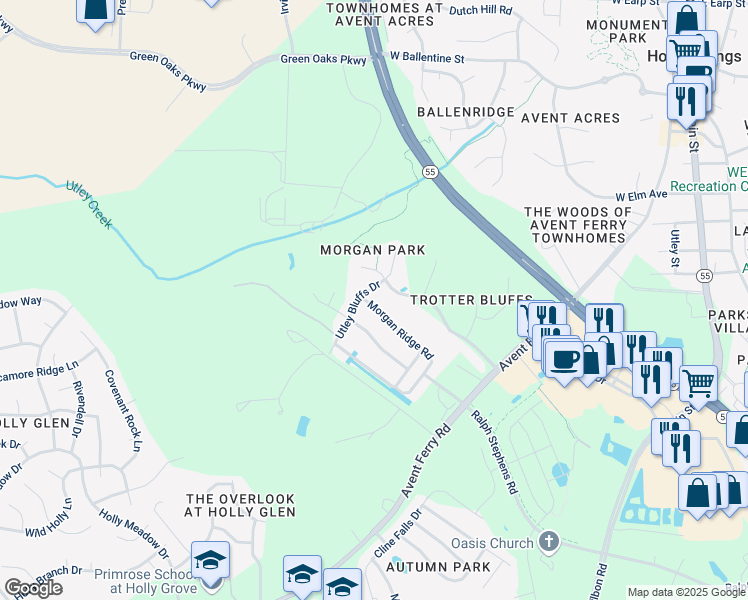 map of restaurants, bars, coffee shops, grocery stores, and more near 104 Morgan Ridge Road in Holly Springs