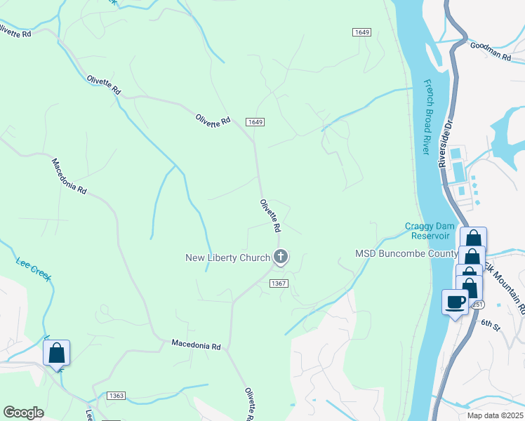 map of restaurants, bars, coffee shops, grocery stores, and more near 680 Olivette Road in Asheville