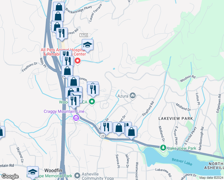 map of restaurants, bars, coffee shops, grocery stores, and more near 402 Ava Lane in Woodfin