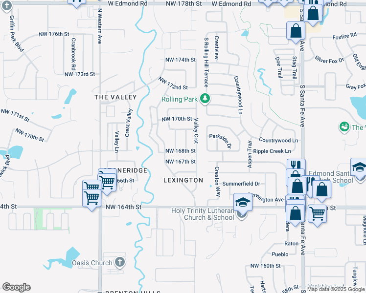 map of restaurants, bars, coffee shops, grocery stores, and more near 16905 Cedarwood Drive in Edmond