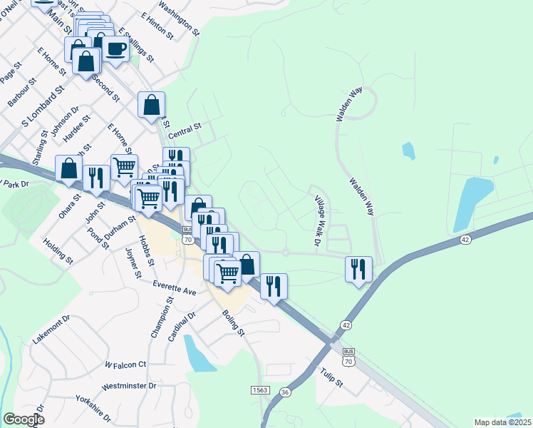 map of restaurants, bars, coffee shops, grocery stores, and more near 56 Bent Creek Court in Clayton
