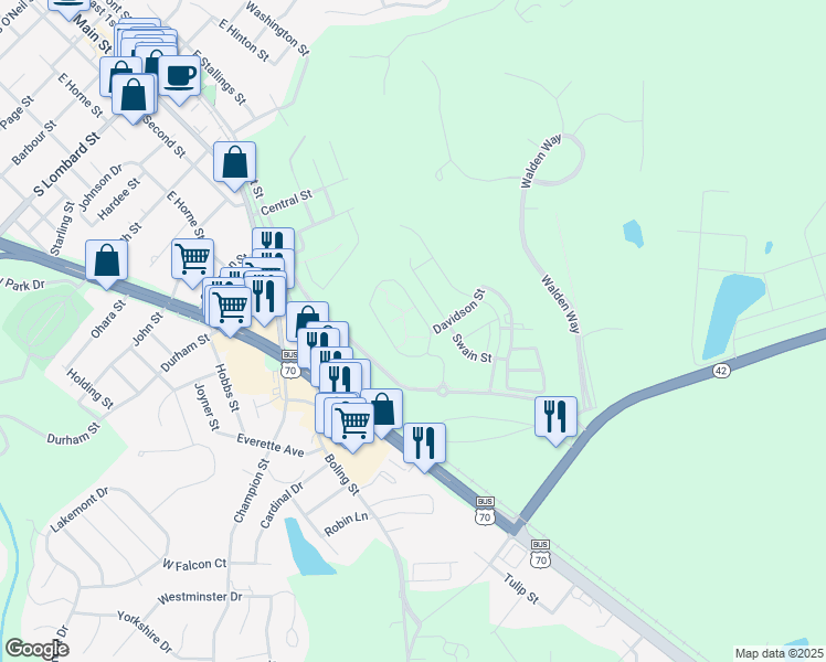 map of restaurants, bars, coffee shops, grocery stores, and more near 56 Bent Branch Loop in Clayton
