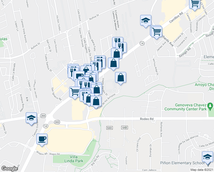 map of restaurants, bars, coffee shops, grocery stores, and more near 1405 Vegas Verdes in Santa Fe