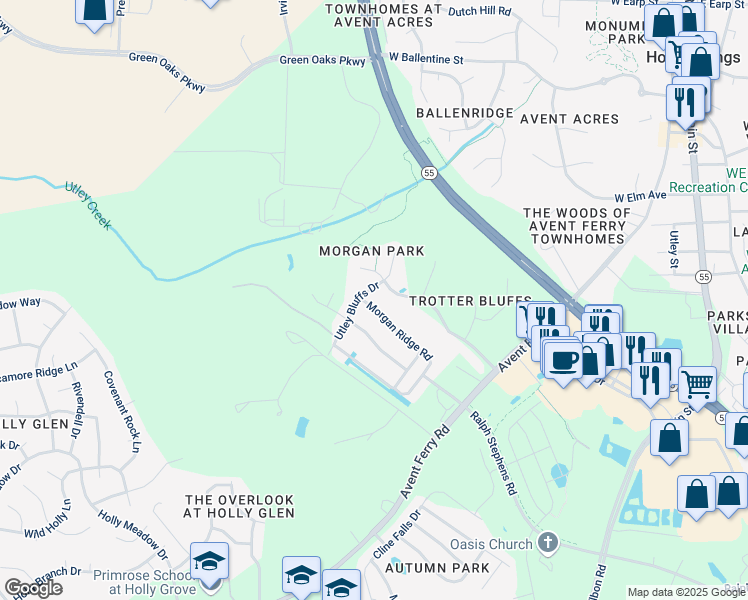 map of restaurants, bars, coffee shops, grocery stores, and more near 104 Morgan Ridge Road in Holly Springs
