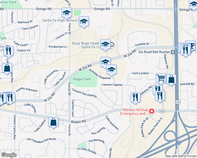 map of restaurants, bars, coffee shops, grocery stores, and more near 2458 Avenida Chaparral in Santa Fe