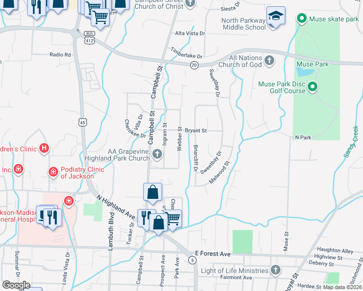 map of restaurants, bars, coffee shops, grocery stores, and more near 52 Webber Street in Jackson