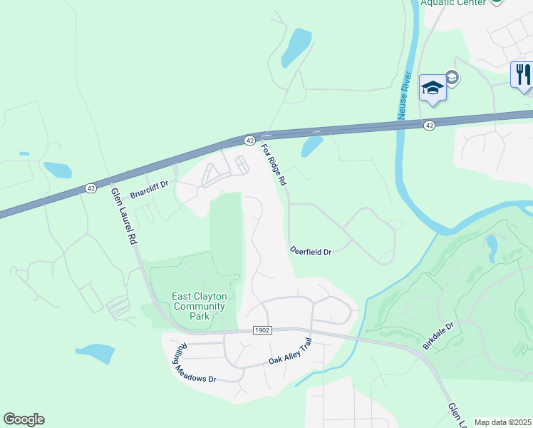 map of restaurants, bars, coffee shops, grocery stores, and more near 405 Black Forest Drive in Clayton
