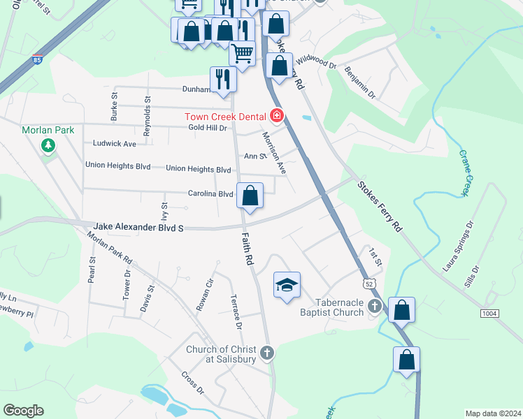 map of restaurants, bars, coffee shops, grocery stores, and more near 2520 Jake Alexander Boulevard South in Salisbury