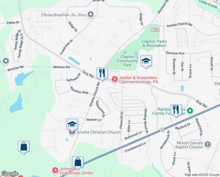 map of restaurants, bars, coffee shops, grocery stores, and more near 214 Moss Creek Drive in Clayton