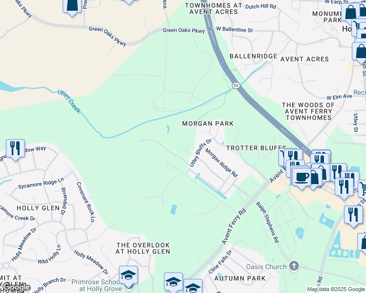 map of restaurants, bars, coffee shops, grocery stores, and more near 112 Sire Court in Holly Springs
