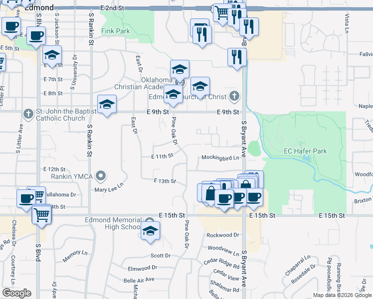 map of restaurants, bars, coffee shops, grocery stores, and more near 1104 E 11th St in Edmond