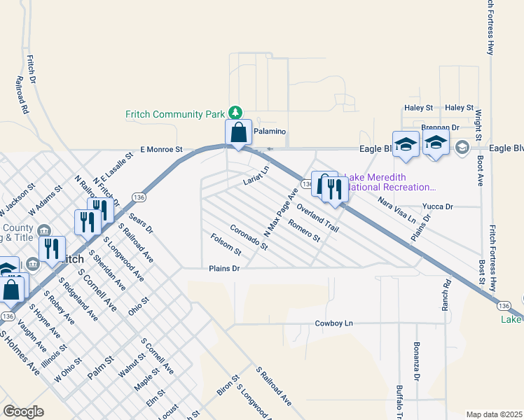 map of restaurants, bars, coffee shops, grocery stores, and more near 300-398 Romero St in Fritch