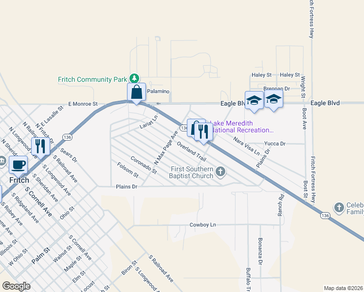 map of restaurants, bars, coffee shops, grocery stores, and more near Overland Trail in Fritch