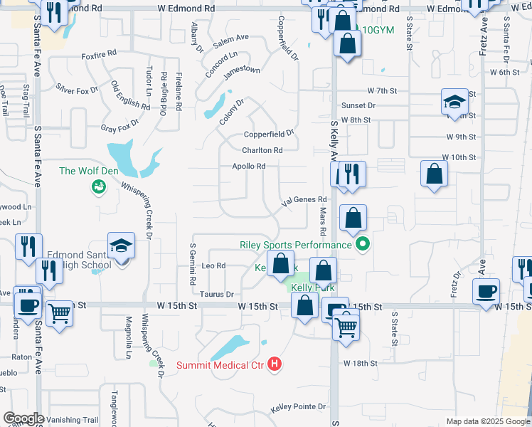 map of restaurants, bars, coffee shops, grocery stores, and more near 1013 Kelly Park Road in Edmond