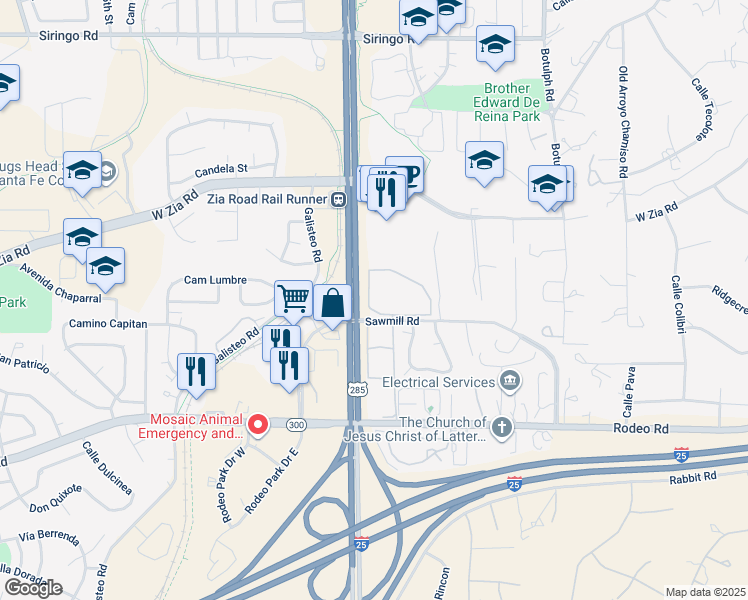map of restaurants, bars, coffee shops, grocery stores, and more near 2500 Sawmill Road in Santa Fe