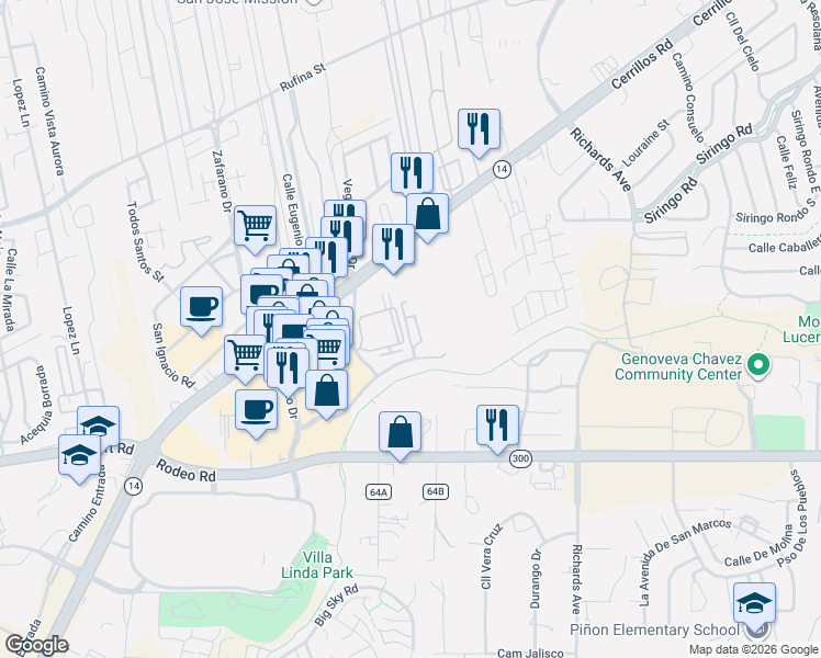 map of restaurants, bars, coffee shops, grocery stores, and more near 3600 Cerrillos Road in Santa Fe