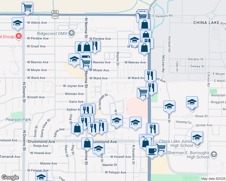 map of restaurants, bars, coffee shops, grocery stores, and more near 324 West Pilgrim Court in Ridgecrest