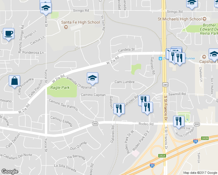 map of restaurants, bars, coffee shops, grocery stores, and more near 1943 Camino Lumbre in Santa Fe