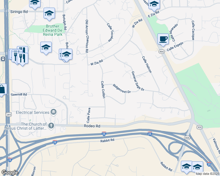 map of restaurants, bars, coffee shops, grocery stores, and more near 138 Ridgecrest Drive in Santa Fe