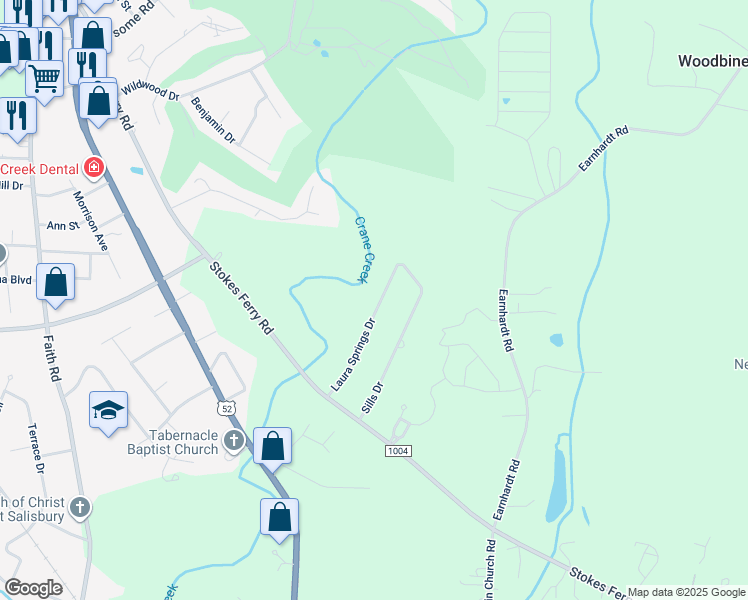 map of restaurants, bars, coffee shops, grocery stores, and more near 300 Laura Springs Drive in Salisbury