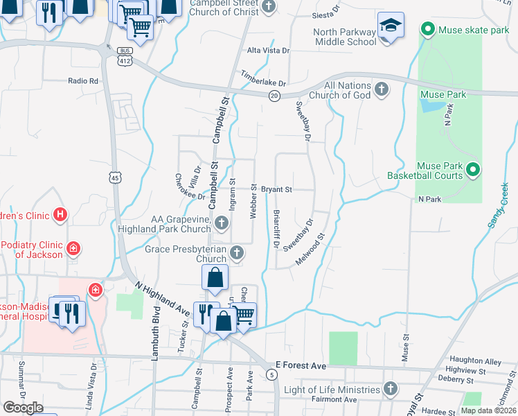 map of restaurants, bars, coffee shops, grocery stores, and more near 52 Webber Street in Jackson