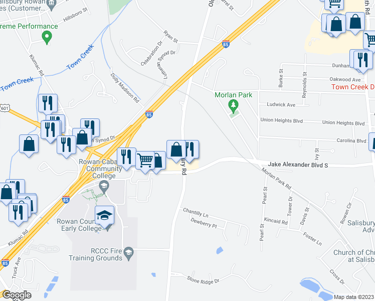 map of restaurants, bars, coffee shops, grocery stores, and more near 1402 Old Concord Road in Salisbury